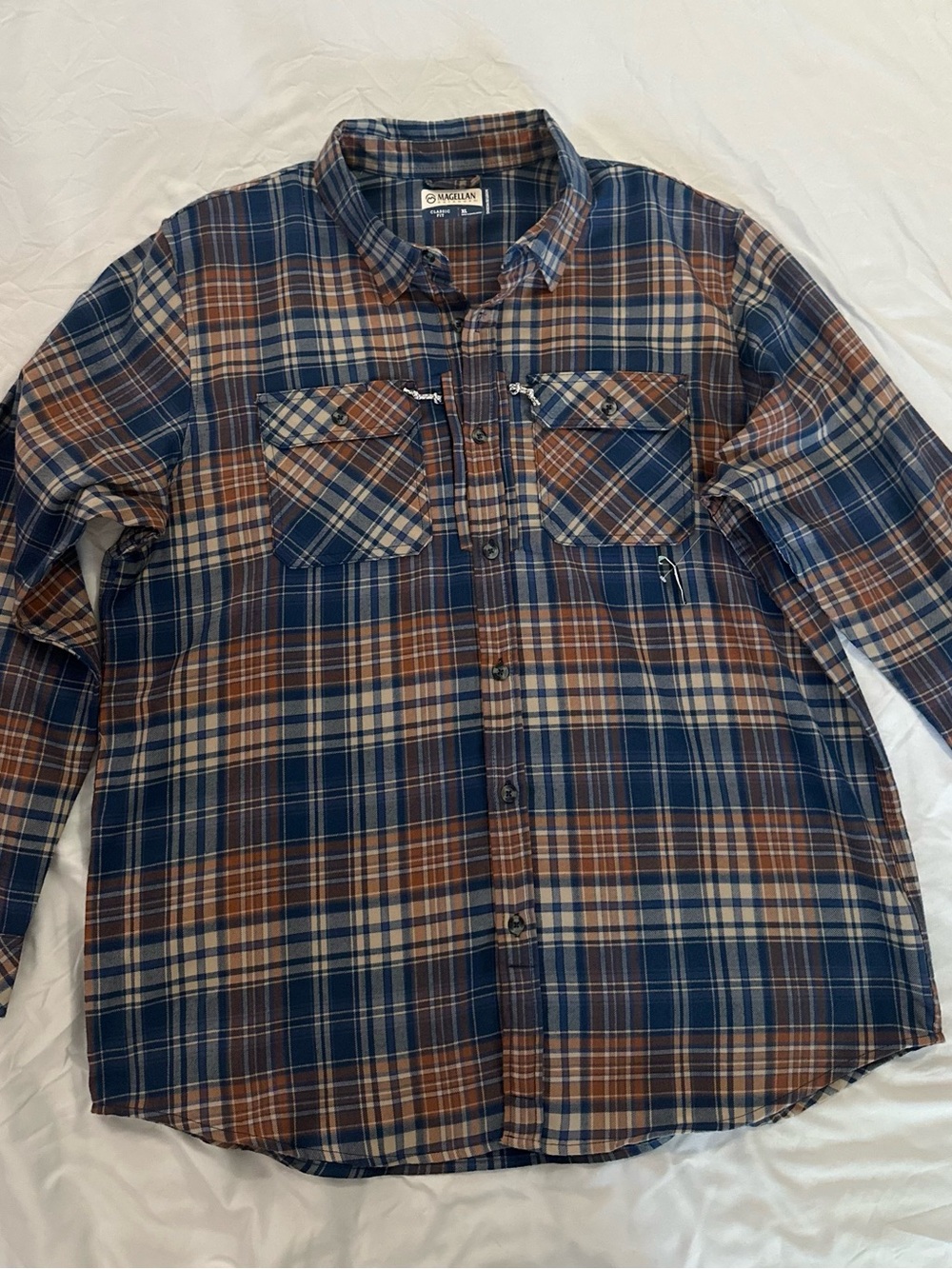 Magellan Outdoors Blue and Brown Plaid Casual Button-Down Shirt